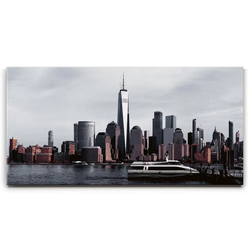 Lower Manhattan Skyline Panoramic View With Ferry Boat