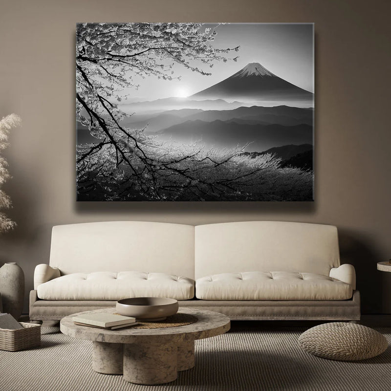 Mount Fuji Cherry Blossom Sunrise - B & W